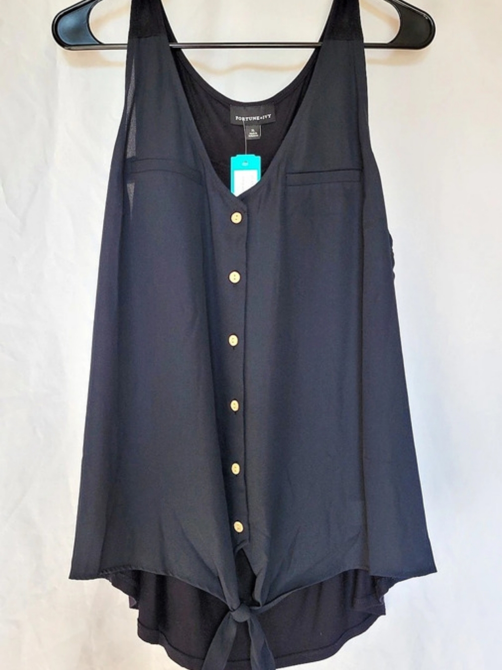 Fortune + Ivy Mixed Material Tie-Front Blouse in Black